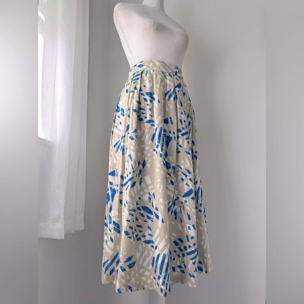 Vintage ‘90s Melrose Blue, White & Tan Abstract Print Midi Skirt